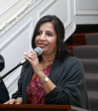 Amb  Nirupama Rao, who graced the occasion by her brief visit during the  event, greeting the gathering on the occasion of \'Diwali\'.