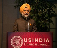 Charge d'Affaires Ambassador Taranjit Singh Sandhu speaking at the U.S.-India Business Council's reception welcoming their new President Dr. Mukesh Aghi on March 17, 2015