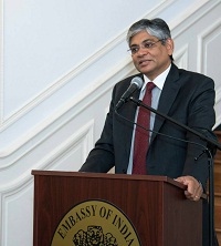 Ambassador Arun K. Singh addressing the guests during "Premier Screening of 'India Awakes' and Discussion with Film Crew" event at the Embassy of India, Washington DC on August 13, 2015.