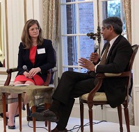 Discussant Dr. Alyssa Ayres, Council on Foreign Relations, engages in a discussion with Ambassador Arun K. Singh.