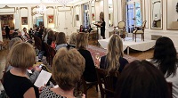 Ms. Patricia Ellis, President, Women's Foreign Policy Group introducing and welcoming Ambassador Arun K. Singh and Dr. Alyssa Ayres, Council on Foreign Relations for an interactive session with the Women's Foreign Policy Group.