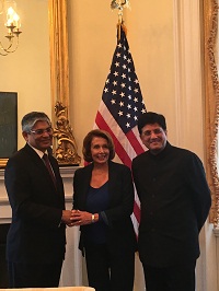 Ambassador Arun K. Singh and Mr. Piyush Goyal, Minister of State (Independent Charge) of Power, Coal and New & Renewable Energy with Democratic Leader Ms. Nancy Pelosi in Washington DC on October 21, 2015