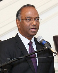 Minister Sridharan Madhusudhanan welcoming guests and introducing Deputy Chief of Mission, Ambassador Taranjit Singh Sandhu, and Panelists Bollywood & TV Artists Anupam Kher, Neena Gupta and Rakesh Bedi, at the Panel Discussion event 'The Contemporary Scene: The Links Between Indian Theatre and Cinema' , at the Embassy of India, Washington DC on August 20.