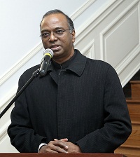 Minister M. Sridharan welcoming the guests at the Republic Day celebration hosted at the Embassy on January 26.