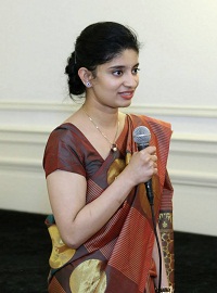 Shruthi Shetty anchoring the event "Two Short Plays: 'Meena's Dream' (Excerpts) & 'Here We Are' and Felicitation of 30 Years of Natya Bharati Theater Group, hosted by the Embassy on May 15.