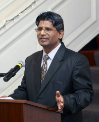 Second Secretary A.K. Berwal welcoming the guests at "An Evening To Cherish Ramayana, the Great India Epic", hosted by the Embassy on November 9. The event was a Curtain Raiser to \'&lsquo;Ramayana: A Dance Drama&rsquo; performance in Washington DC\' by the Shriram Bhartiya Kala Kendra on November 10.