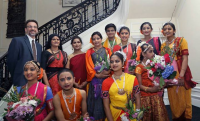 Prof. Robert DeCaroli with dancers from the Kuchipudi Dance Academy.