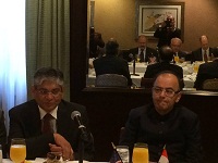 Indian Finance Minister Arun Jaitley and Ambassador Arun K. Singh meeting investors at an event organized by Business Council for International Understanding (BCIU) in New York on October 5, 2015.