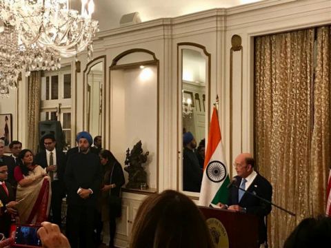 U.S. Secretary of Commerce Wilbur Ross. addressing the gathering during the farewell reception of Ambassador Navtej Sarna at the Embassy Residence on December 11, 2018.