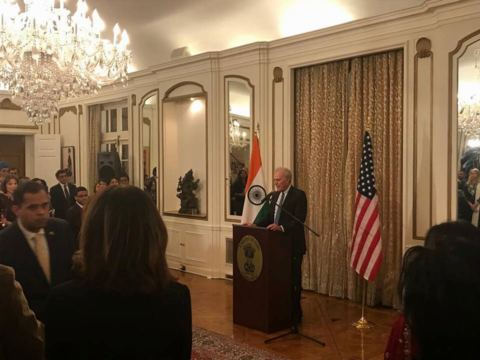 Secretary of the Navy Richard V. Spencer addressing the gathering during the farewell reception of Ambassador Navtej Sarna at the Embassy Residence on December 11, 2018.