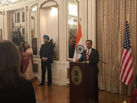 Congressman Raja Krishnamoorthi, addressing the gathering during the farewell reception of Ambassador Navtej Sarna at the Embassy Residence on December 11, 2018.