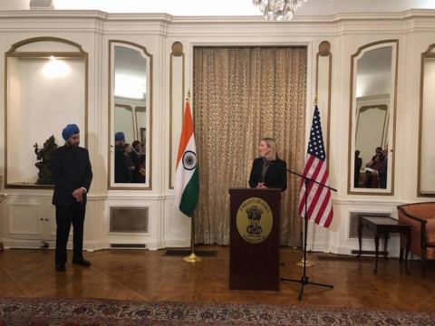 Under Secretary of State for Arms Control and International Security Andrea L. Thompson addressing the gathering during the farewell reception of Ambassador Navtej Sarna at the Embassy Residence on December 11, 2018.
