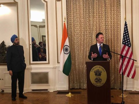 Ambassador-at-Large and Coordinator for Counterterrorism, Nathan A. Sales addressing the gathering during the farewell reception of Ambassador Navtej Sarna at the Embassy Residence on December 11, 2018.