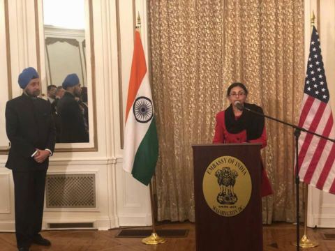 President, US India Business Council, Nisha Biswal addressing the gathering during the farewell reception of Ambassador Navtej Sarna at the Embassy Residence on December 11, 2018.