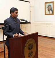 First Secretary Mr. Satish Kumar Sivan welcoming the guests during the celebration of 147th Birth Anniversary of Mahatma Gandhi, at the Embassy of India, Washington DC on October 2.