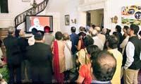 Video Projection of inauguration of Pravasi Bharatiya Kendra by Prime Minister of India, Narendra Modi during Celebration of 147th Birth Anniversary of Mahatma Gandhi at the Embassy of India, Washington DC on October 2.