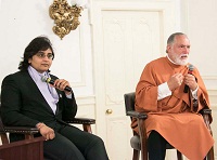 Interactive session with Brother Vishwananda of Self-Realization Fellowship and Dr. Anita Goel, Physicist at Harvard University at the Film Screening and Discussion event "'Awake: The Life of Yoganand' - A Film on the Life of Paramahansa Yogananda", presented by the Embassy of India, Washington DC on June 21, as part of the International Day of Yoga Celebrations.