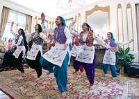 Bhangra dance performance by Virginia School of Bhangra consisting of Kiran Kaur Sandhu, Kirat Singh, Sumiran Sharma, Sadgi Singh Gill, Raveena Bilkhu, Jessica Kaur Aujla, Gurleen Matharoo and Nazpreet Kaur, at the 'Baisakhi' celebrations hosted at the Embassy Residence on April 23, 2016.