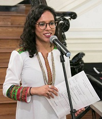 Ms Nafisa Isa, Program Manager, Smithsonian Asian Pacific American Centre, emceeing the cultural event "'Bhairavi Beatbox' - Hindustani Music Meets Hip Hop", presented by Embassy of India, Washington DC on May 20.