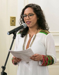 Ms Nafisa Isa, Program Manager, Smithsonian Asian Pacific American Centre, emceeing the cultural event "'Bhairavi Beatbox' - Hindustani Music Meets Hip Hop", presented by Embassy of India, Washington DC on May 20.