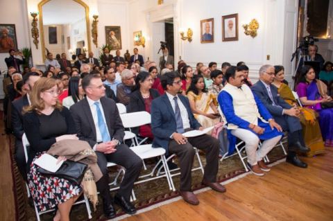 Audience at the cultural event 'An Evening of Carnatic Music' by Ms. Aishwarya Shrinivasan, Ms. Saundarya Shrinivasan (Vocal) accompanied by Bhargav Tumkur (Violin), Srikar Chittari (Mridangam), Samyuktha Sreeram (Ghatam percussion) and Ms. Geetha Shrinivasan (Veena) at the Embassy of India on Friday, April 27, 2018.