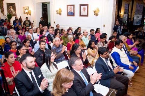 Audience at the cultural event 'An Evening of Carnatic Music' by Ms. Aishwarya Shrinivasan, Ms. Saundarya Shrinivasan (Vocal) accompanied by Bhargav Tumkur (Violin), Srikar Chittari (Mridangam), Samyuktha Sreeram (Ghatam percussion) and Ms. Geetha Shrinivasan (Veena) at the Embassy of India on Friday, April 27, 2018.