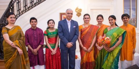 Deputy Chief of Mission Mr. Santosh Jha presenting bouquet to the Artists at the cultural event 'An Evening of Carnatic Music' by Ms. Aishwarya Shrinivasan, Ms. Saundarya Shrinivasan (Vocal) accompanied by Bhargav Tumkur (Violin), Srikar Chittari (Mridangam), Samyuktha Sreeram (Ghatam percussion) and Ms. Geetha Shrinivasan (Veena) at the Embassy of India on Friday, April 27, 2018.