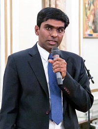 First Secretary Satish Kumar Sivan anchoring the Diwali Reception, hosted by Ambassador Arun K. Singh, at the Embassy Residence on November 21, 2015.