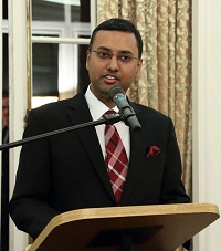 First Secretary Prasanna Shrivastava anchoring the Christmas Reception, hosted by Ambassador Arun K. Singh, at the Embassy Residence on December 17, 2015.