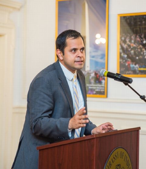 Mr. Pratik Mathur, First Secretary (PIC), welcoming the guests at the reception for the members of the Clemson University Alumni at the Embassy of India, Washington, DC on November 1, 2017.
