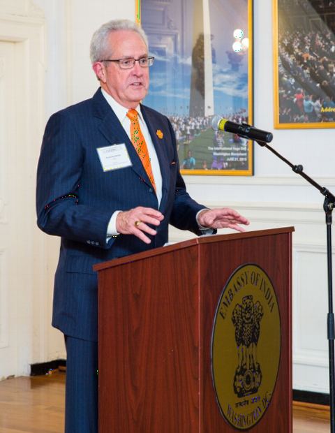 Mr. Jim Warren, Regional Director of Clemson University Alumni Club addressing the guests in attendance at the reception for the members of the Clemson University Alumni at the Embassy of India, Washington, DC, on November 1, 2017.