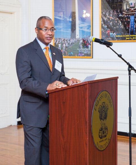 Brigadier Carlos Hill addressing the guests in attendance at the reception for the members of the Clemson University Alumni at the reception for the members of the Clemson University Alumni at the Embassy of India, Washington, DC, on November 1, 2017.