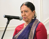 Dr. Lalitha Srinivasan introducing the various Bharatanatyam dance pieces performed in Mysuru Style during the cultural event "'Dancing Desire' - Shades of Love in Classical Dance", presented by Embassy of India, Washington DC on May 6, 2016.