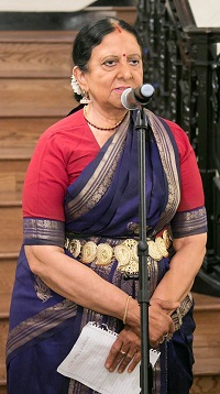 Dr. Lalitha Srinivasan introducing the various Bharatanatyam dance pieces performed in Mysuru Style during the cultural event "'Dancing Desire' - Shades of Love in Classical Dance", presented by Embassy of India, Washington DC on May 6, 2016.
