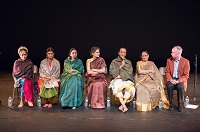 Panelists (from left to right) Odissi Dancer Arushi Mudgal, Bharatanatyam Dancer Dakshina Vaidyanathan, Bharatanatyam Dancer Rama Vaidyanathan, Bharatanatyam Dancer Chitra Chandrasekhar Dasarathy, Bharatanatyam Dancer Prof. C.V. Chandrasekhar, Bharatanatyam Dancer Jaya Chandrasekhar and Moderator Jonathan Hollander during 'Dancing Across Generations: Performance and Panel Discussion' cultural event presented by Embassy of India, Washington DC, in collaboration with Dakshina Dance Company, at Atlas Performing Arts Centre on October 29, 2015.