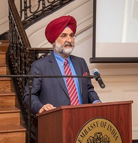 Amb Taranjit Singh Sandhu, DCM welcoming the guests and delivering his remarks ahead of the talk titled "The Making of India's Constitution: 
American Influences and Contributions" during Constitution Day Celebrations at the Embassy of India on December 9, 2016.