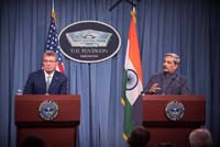 Defence Minister Shri Manohar Parrikar and US Secretary of Defense Dr Ashton Carter during the Press interaction at Pentagon on August 29, 2016.