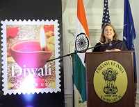 Smt. Carrie Trybulec, Director, Gandhi Memorial Center speaking on the significance of Diwali at the Diwali Celebration and Diwali Forever Stamp Dedication event hosted by the Embassy of India, Washington, DC, on November 18.