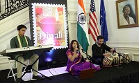 Musical program by Ms. Swati Kanitkar accompanied by Mr. Nabeel Riaz on Tabla and Master Tej Kanitkar on Keyboard at the Diwali Celebration and Diwali Forever Stamp Dedication event hosted by the Embassy of India, Washington, DC, on November 18.
