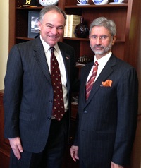 Ambassador Dr. S. Jaishankar meeting with Senator Tim Kaine, Chairman of Senate Foreign Relations Subcommittee on Asia Pacific and South and Central Asia on January 8, 2014.