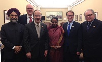 Foreign Secretary Sujatha Singh meeting with the members of US Congress on December 11, 2013. (From left to right: Charge d'Affaires Taranjit Singh Sandhu, Congressman Joe Crowley, Co-chair of House India Caucus, Congressman Eliot Engel, Ranking Member of The House Committee on Foreign Affairs, FS, Congressman Peter Roskam, Co-chair of House India Caucus, Congressman George Holding, Member, The House Committee on Foreign Affairs) (Photo: Embassy of India)