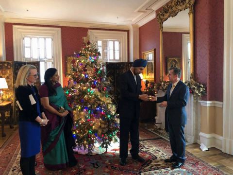 Ambassador Sean P. Lawler Chief of Protocol felicitating Ambassador Navtej Sarna during the farewell, organized by U.S. Department of State at Blair House on December 13, 2018.