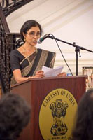 Ms Anuradha Nehru anchoring the 'Harmony - A Musical Offering' event, at Embassy of India, Washington DC on October 1.