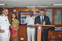 Ambassador Arun K. Singh signing the visitor's book - Indian Naval Ship Satpura.