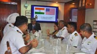 Ambassador Arun K. Singh Interacting with Ship's officers of Indian Naval Frigate Satpura in Wardroom.