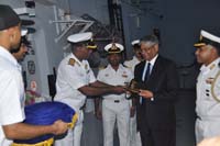 Ambassador Arun K. Singh Being presented the traditional Sea Cap onboard Indian Naval Stealth Frigate INS Satpura participating in RIMPAC 2016.