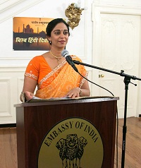 Ms Aastha Verma emceeing the World Hindi Day 2016 celebration event, hosted at the Embassy on January 15, 2016.