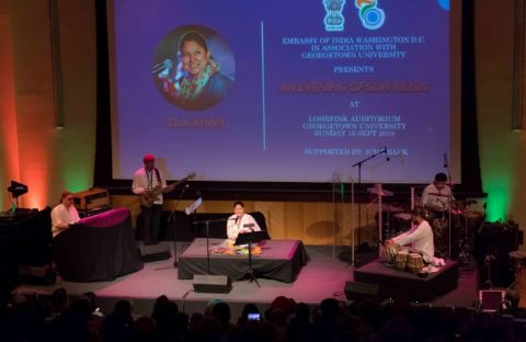 Ms. Zila Khan accompanied by musicians Osam Ezzeldin on Key Board, Kai Eckhardt on Bass Guitar, Nabeel Riaz on tabla, and Kanha on drums performing at the concert "An Evening of Sufi Music" by Zila Khan at Lohrfink Auditorium at Georgetown University on Sunday, September 16, 2018, organized as part of India@70 celebrations.
