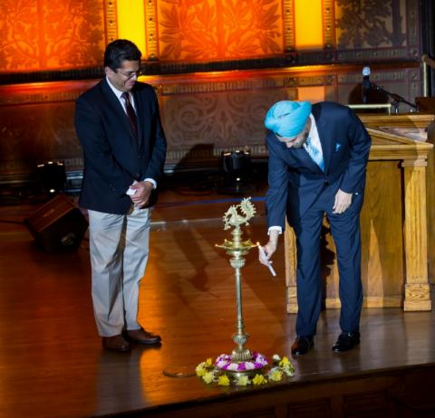 Ceremonial Lighting of Lamp by Ambassador Navtej Sarna and Professor Irfan Nooruddin on India @ 70 Celebrations at Gaston Hall, Georgetown University, Washington DC on November 20, 2017