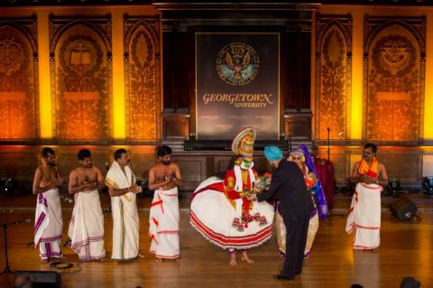 Presentation of Bouquet to the artists by Ambassador Navtej Sarna on India @ 70 Celebrations at Gaston Hall, Georgetown University, Washington DC on November 20, 2017